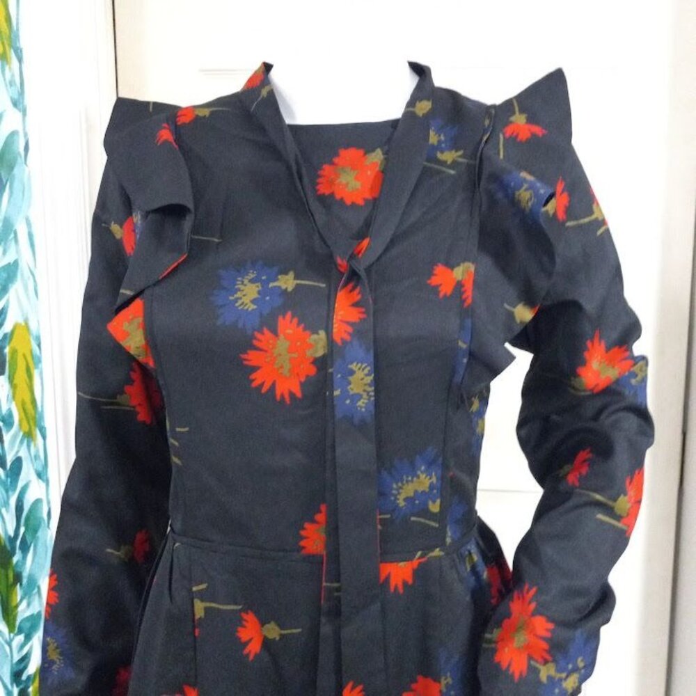 Weekend Black Floral Whimsy Goth Floral Twee Long Sleeve Dress S With Ruffle - Picture 5 of 13